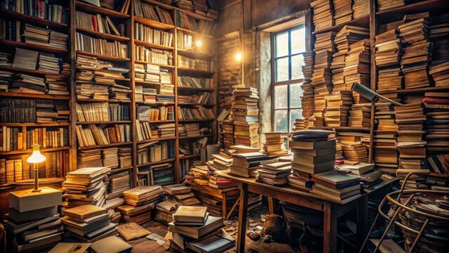 A cluttered, dimly lit study with towering stacks of worn, dusty books overwhelming a cramped, disorganized workspace atmosphere.
