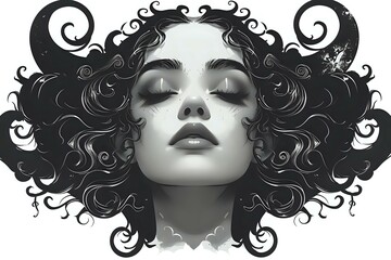 Monochromatic illustration of a woman's face with intricate, flowing hair design, exuding elegance and artistic expression. Ideal for themes of beauty, art, and fashion.