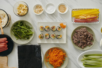 Top view of food ingredients preparing on table for korean kimbap