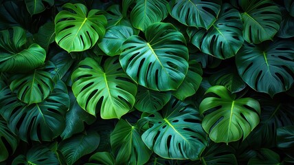 Fototapeta premium Vibrant green monstera leaves with intricate details create a lush tropical backdrop. Perfect for natural and botanical themes.