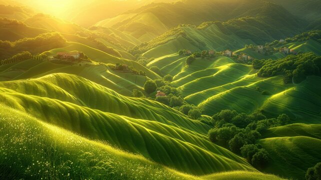 Sunlit rolling green hills with lush grass and vibrant shadows in a scenic landscape. Perfect for nature, travel, and environment themes.