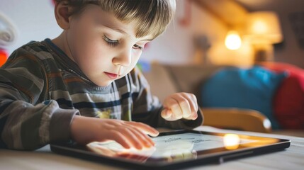 Young Boy Engrossed in Tablet: Balancing Digital Learning and Childhood Development in the Tech Era
