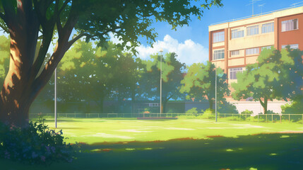 Obraz premium Creative Animation Studio at High School Yard - Vibrant Illustration Concept for Education Project