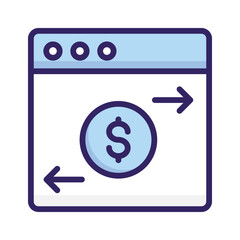 Dollar coin inside webpage with arrows, concept of money transfer, transactions, payments, online banking, vector design