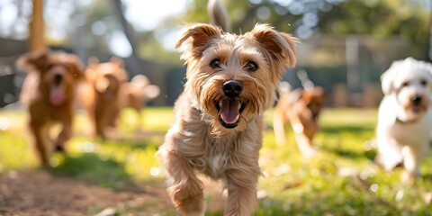 Joyful dogs at outdoor dog park and day care facility. Concept Pet Portraits, Dog Photography, Outdoor Fun, Happy Pups