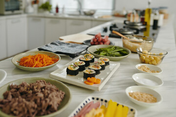 Ingredients on kitchen table for cooking korean kimbap