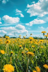 A bright and cheerful image featuring a field of yellow flowers against a clear blue sky