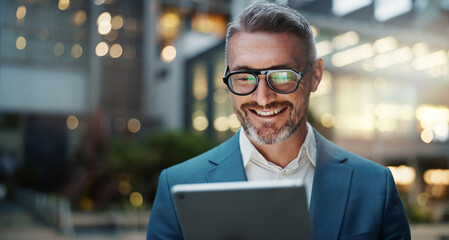 Business, night and man with tablet, typing and online reading for financial news, typing and...