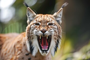 Obraz premium Eurasian lynx baring its teeth with an open mouth, snarling in a forest setting