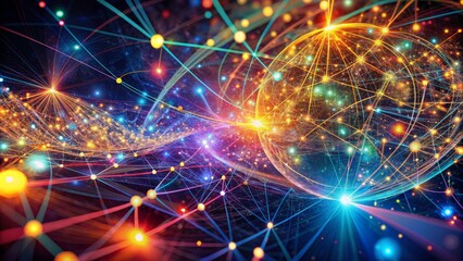 Fototapeta premium Vibrant digital backdrop featuring intricate networks of glowing lines, swirling patterns, and abstract shapes to represent data analysis complexity.