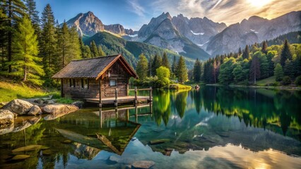Naklejka premium Serene surroundings of a rustic wooden hut near a calm lake, surrounded by lush greenery and distant mountain peaks.
