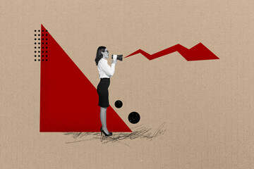 Creative poster collage young businesswoman announce information proclaim loudspeaker sale discount...