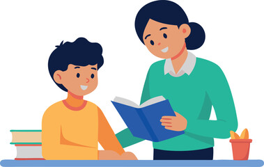 Mother reading book to child at table