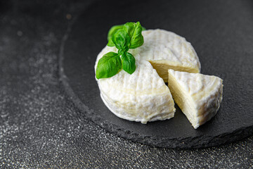 soft cheese cow milk, goat or sheep cheese natural fresh appetizer meal food snack on the table copy space food background rustic top view