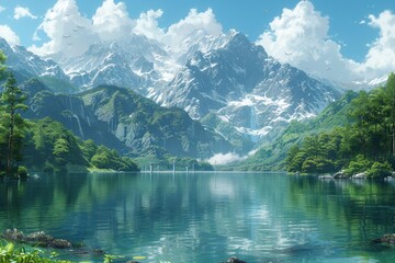 Breathtaking view of pristine mountain lake surrounded by lush greenery and snow-capped peaks under a bright blue sky.