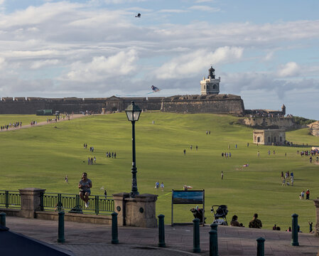 view of el morro form in old san juan puerto rico (coastal landmark national historic site) castillo castle spanish fortification next to la perla residential community