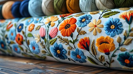 Close-up of rolls of fabric with colorful embroidered floral designs, showcasing craftsmanship and textile art. Perfect for themes of handmade crafts and fashion design.