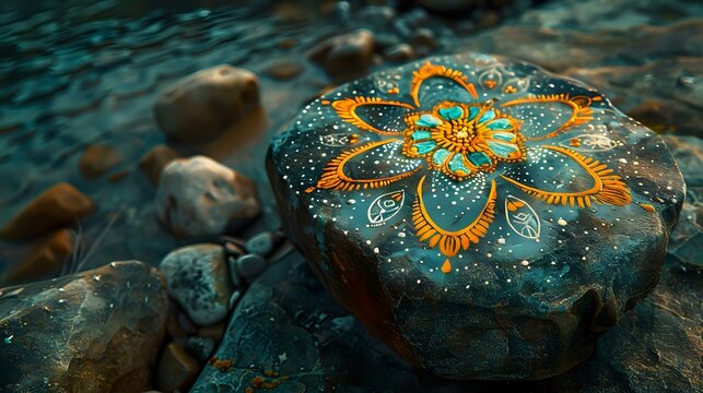 Beautifully painted mandala stone with intricate details, symbolizing mindfulness and creativity. Ideal for themes of art, meditation, and handmade crafts