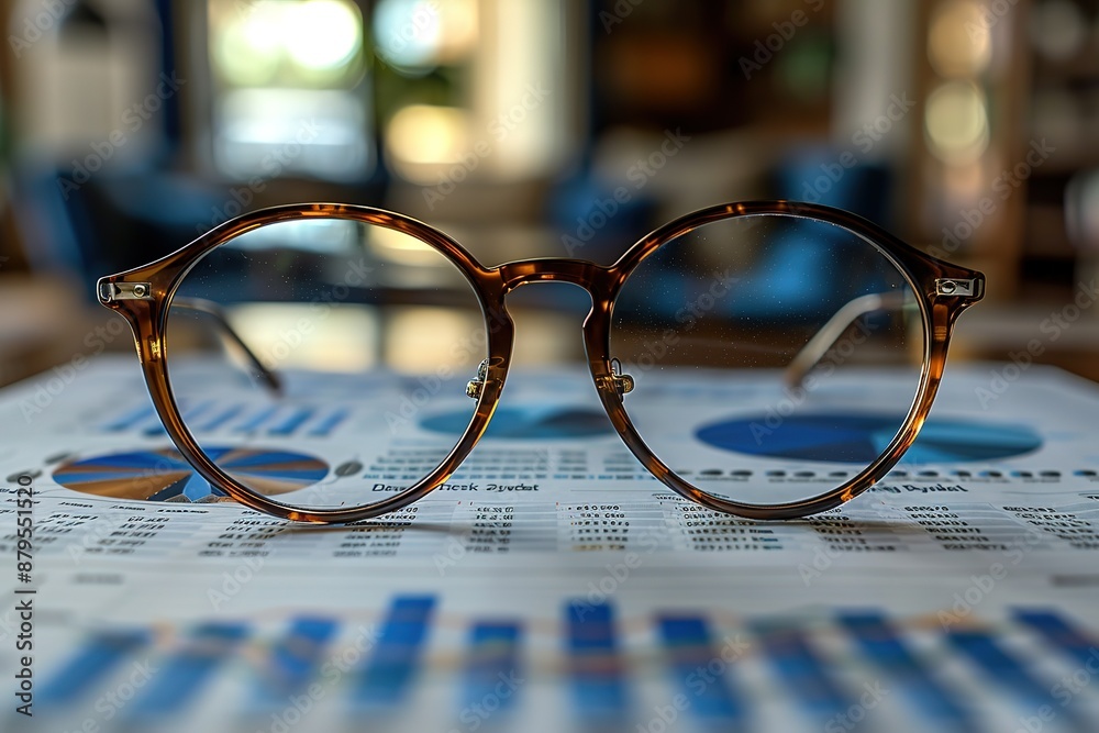 Wall mural A pair of glasses is on top of a table with a bunch of graphs