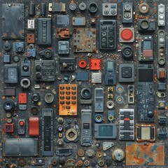Abstract arrangement of vintage rusty electronics components and circuit boards forming a textured pattern for creative backgrounds.