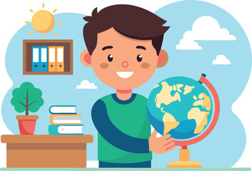 Smiling Boy Holding Globe in Classroom with Books and Plant