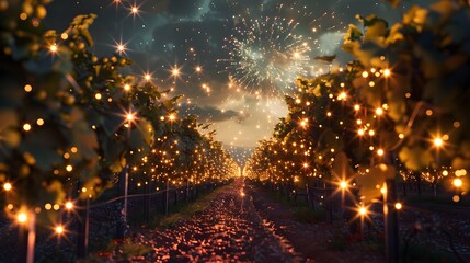 Naklejka premium Captivating Fireworks Display Over Serene Vineyard Landscape on Independence Night