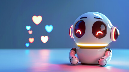 Cute robotic character with glowing eyes and heart shapes floating around, in a romantic setting