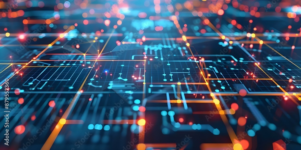 Poster futuristic digital artwork depicting interconnected cybersecurity nodes with flowing data streams. c