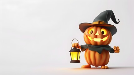 Fototapeta premium Cute Halloween Pumpkin Character Holding Lantern on White Background