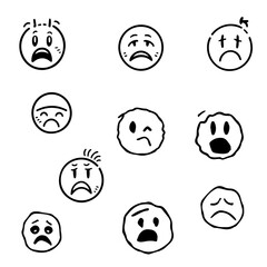 Obraz premium Black outlines of emoticons with negative emotions of fear, anger, depression, despondency. Vector set of sketches with icons of psychological states