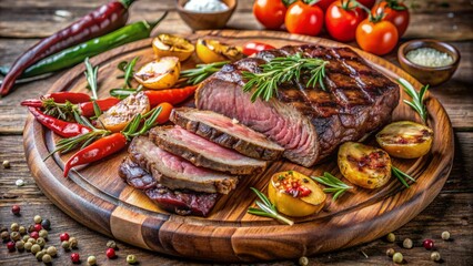 Succulent grilled steak sliced on a rustic wooden plate surrounded by roasted vegetables and garnished with fresh herbs and spices.
