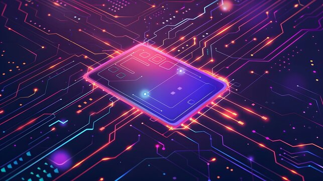 Futuristic neon glowing microchip circuitry on dark background representing advanced technology and innovation in semiconductor industry.