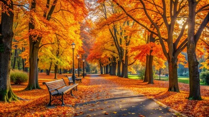 Naklejka premium Vibrant orange and yellow leaves scattered across a serene park's walking path surrounded by tall trees and rustic wooden benches.