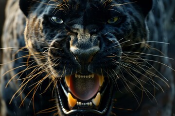Black panther is growling showing its teeth with its mouth open wide