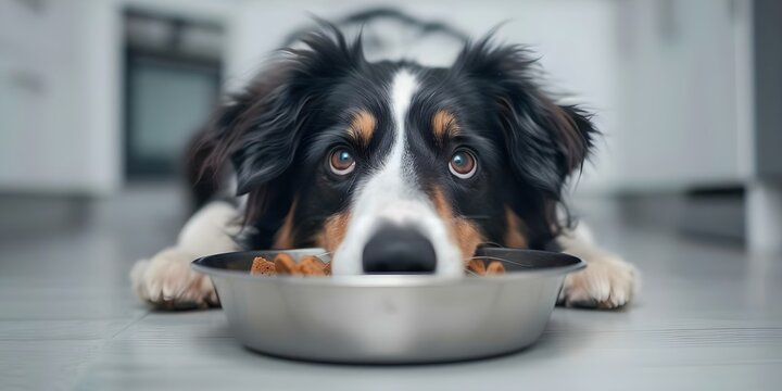 Australian Shepherd dog eating food at home finding environment unsuitable and uncomfortable. Concept Australian Shepherd, dog food, unsuitable environment, uncomfortable, home