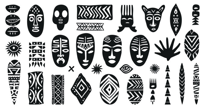 African and ethnic tribal geometric shapes set. Traditional Mayan masks and Indian ornaments. Isolated vector clipart collection