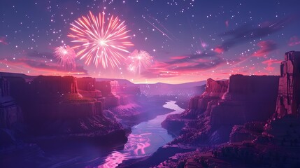 Obraz premium Dramatic Fireworks over Stunning Canyon Landscape on Festive Night