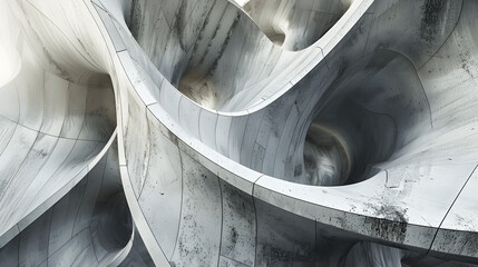Abstract architectural composition with curved forms and metallic textures