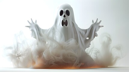 Eerie Ghostly Silhouette Emerging from Mystic Fog on White Background