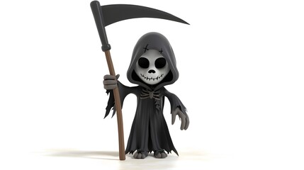 Eerie Grim Reaper Character Holding a Scythe on a Minimalist White Background