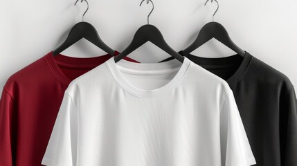 3 smooth beautiful neat T-shirts without folds, the T-shirts hang airily on the hangers, on a white background