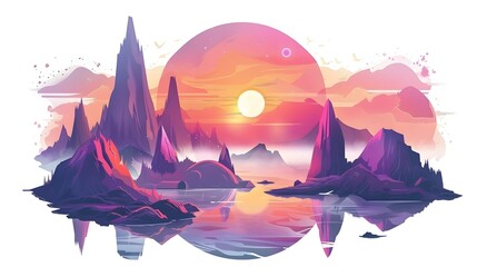 Enchanting Futuristic Landscape with Majestic Mountains and Serene Lake Reflection at Sunset