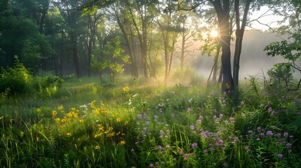 Obraz premium Enchanting Sunshine Filtered Through Lush Forest Landscape at Scenic Nature Outing