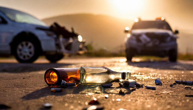 car accident with alcohol bottles on the road