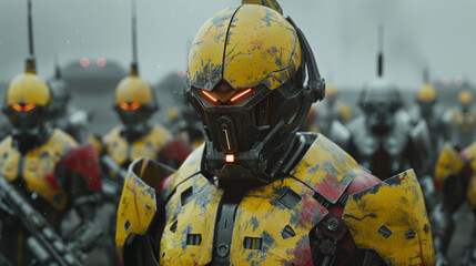 Fototapeta premium A detailed shot of futuristic yellow combat robots with glowing red eyes, lined up in formation against a misty backdrop