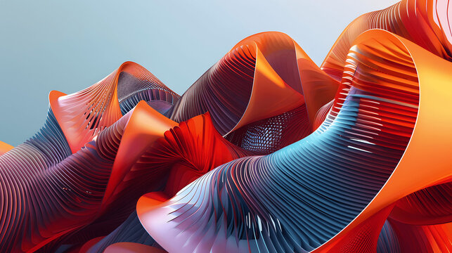 Complex 3D design with twisting ribbon-like structures in bold contrasting colors