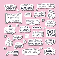Big doodle stickers set with handwritten lettering with motivational, cheering phrases for planners, notebooks. Ready for print list of cute stickers. Inspirational typography for good job, result.
