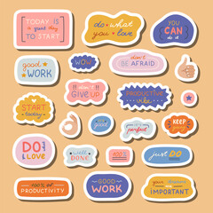 Big set of stickers with handwritten lettering with motivational. cheering phrases for planners, notebooks. Ready for print list of cute stickers. Inspirational typography for good job, achievement.