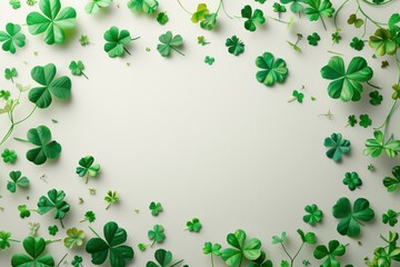 A beautiful frame of vibrant green clovers on a white background, symbolizing luck and nature. nature themes.