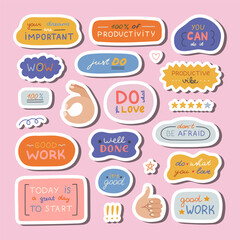 Big set of stickers with handwritten lettering with motivational. cheering phrases for planners, notebooks. Ready for print list of cute stickers. Inspirational typography for good job, achievement.